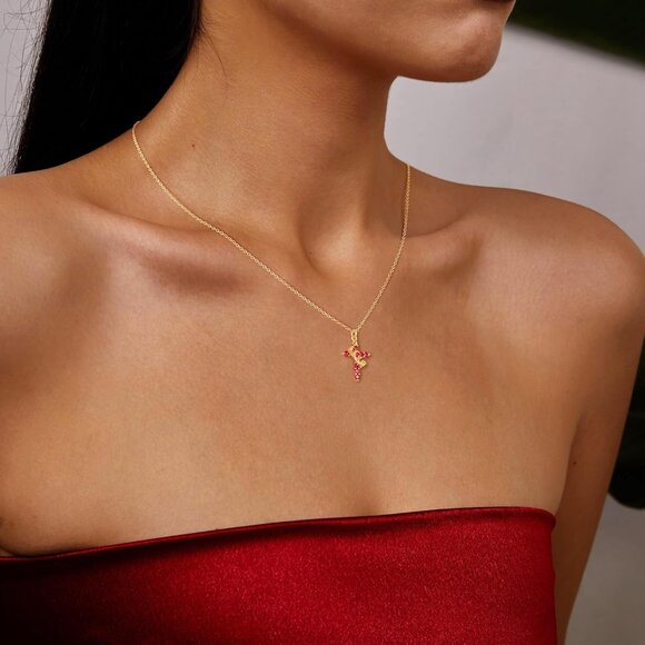 Perfect Gifts Women's Crown M01 Red Cross Necklace Gold Plated Faith Jewelry - Picture 3 of 8